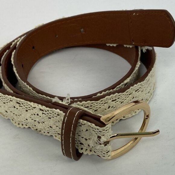 Ardene Bohemian Faux Leather Crochet‎ Lace Belt Brown Size Medium Boho White - Picture 2 of 8